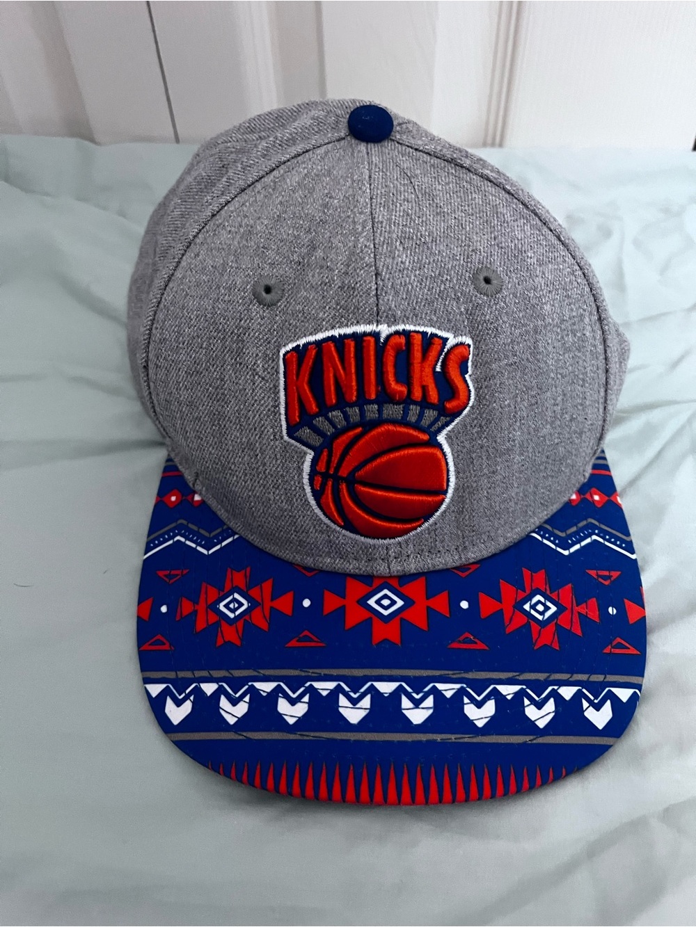 New Era Grey Hat with Blue and Orange Patterned Brim